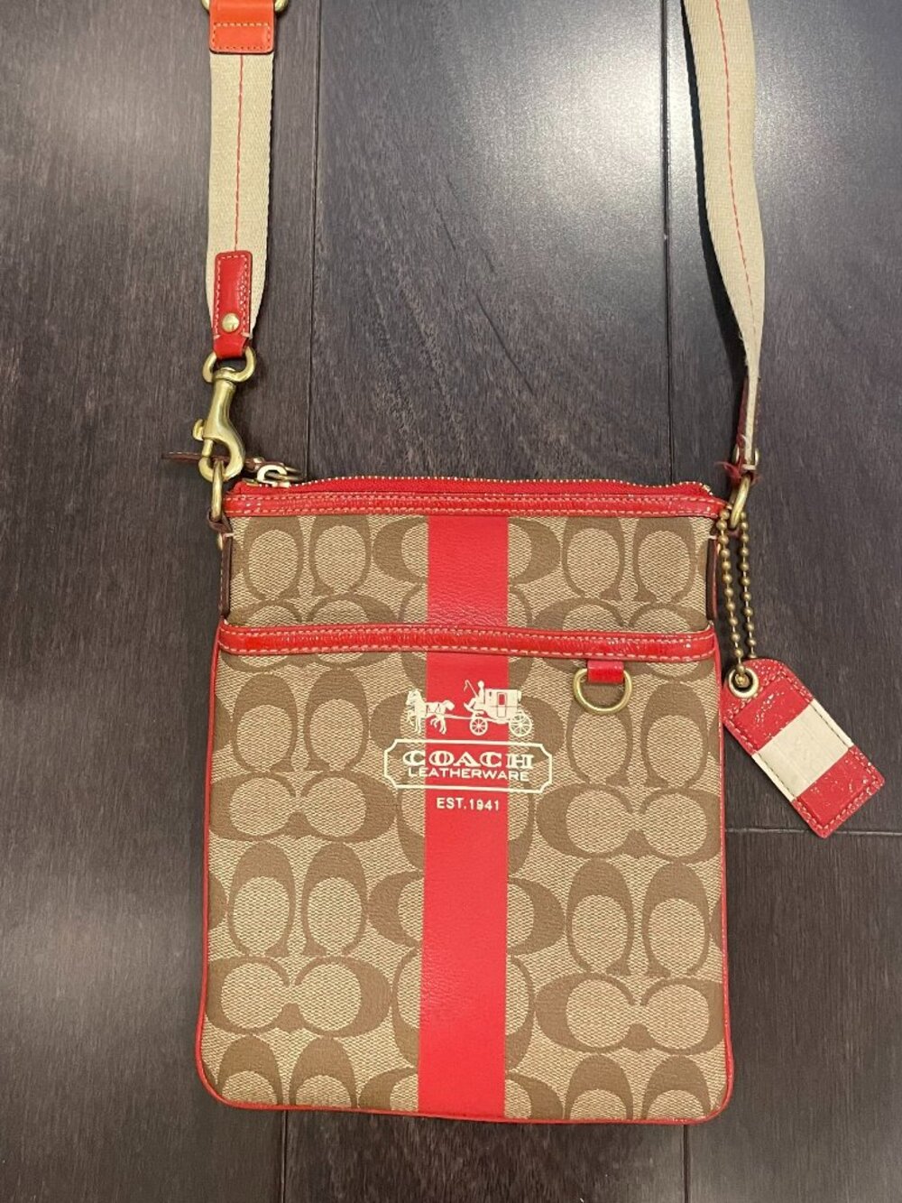 COACH Signature C  Brown/Red/Tan Crossbody Messenger Bag